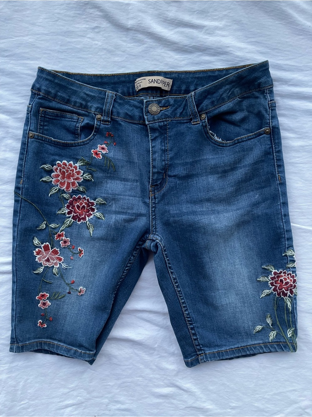 Sandpiper Dark Blue Floral Embroidered Denim Shorts